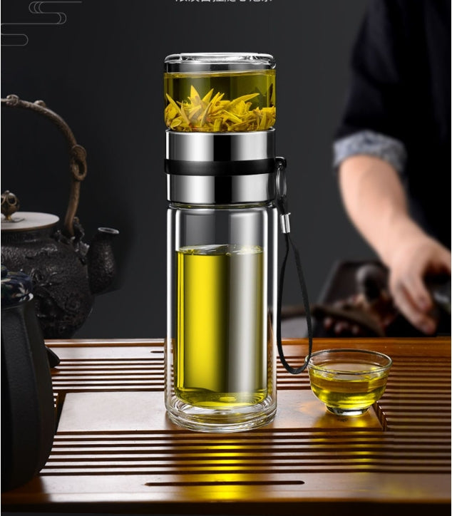 Portable double-layer tea and water separation glass cup